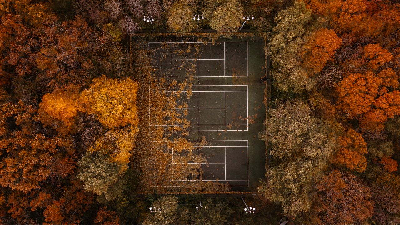 Обои теннис, теннисный корт, осень, вид сверху