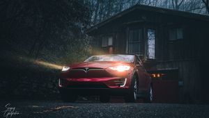 Превью обои tesla model s, tesla, автомобиль, красный, фары