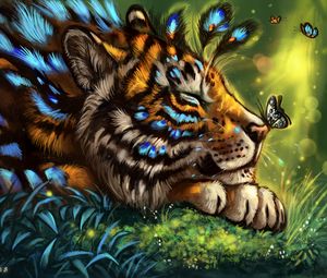 Превью обои тигр, арт, бабочка, морда, сон, сказочный
