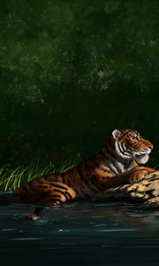 Превью обои тигр, большая кошка, профиль, хищник, арт