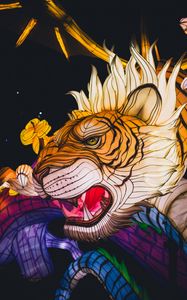 Превью обои тигр, дракон, цветы, китайские фонарики, ночь, разноцветный