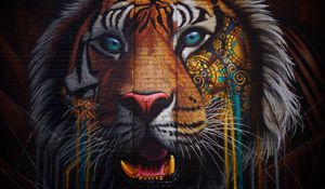 Превью обои тигр, граффити, стрит арт, стена, разноцветный