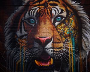 Превью обои тигр, граффити, стрит арт, стена, разноцветный