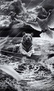 Превью обои тигр, лодка, плавание, небо, свет