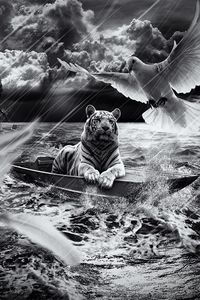 Превью обои тигр, лодка, плавание, небо, свет