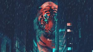 Превью обои тигр, ночной город, гигант, великан, улица, неон