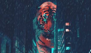 Превью обои тигр, ночной город, гигант, великан, улица, неон