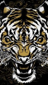 Превью обои тигр, оскал, арт, хищник, морда
