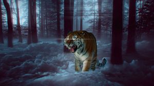 Превью обои тигр, оскал, фотошоп, лес, туман