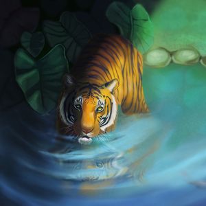 Превью обои тигр, озеро, арт, взгляд, хищник