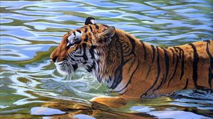 Превью обои тигр, полосатый, вода, плавать