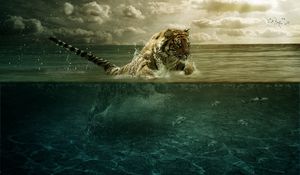 Превью обои тигр, прыжок, море, под водой, охота