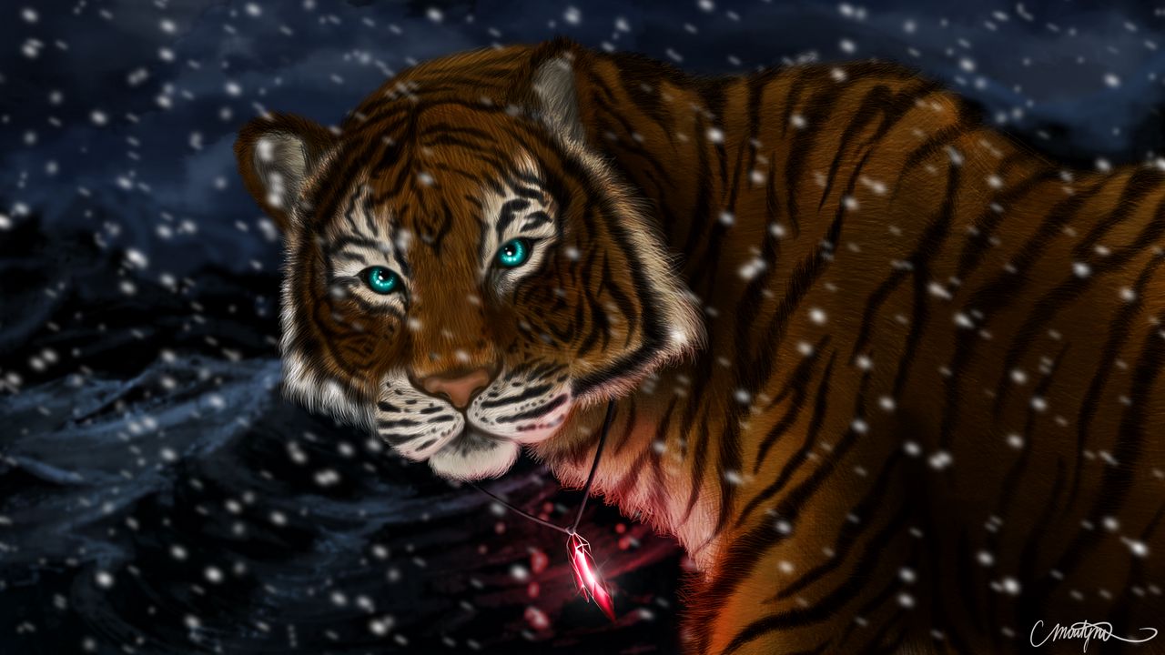 Обои тигр, снег, арт, хищник, кулон, взгляд