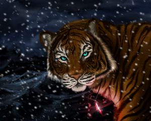 Превью обои тигр, снег, арт, хищник, кулон, взгляд
