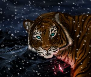 Превью обои тигр, снег, арт, хищник, кулон, взгляд