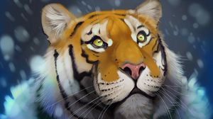 Превью обои тигр, снег, арт, взгляд, хищник