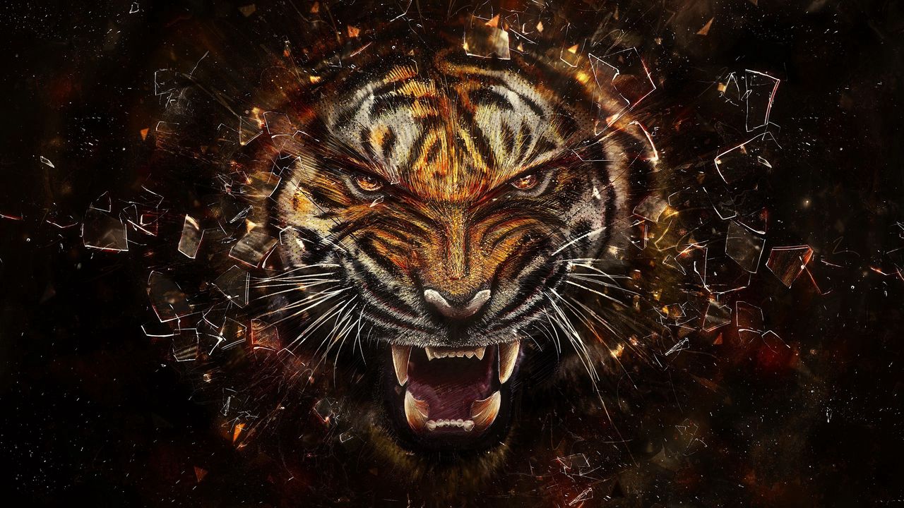 Обои тигр, стекло, осколки, агрессия, оскал