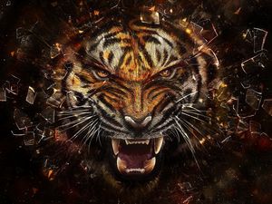 Превью обои тигр, стекло, осколки, агрессия, оскал