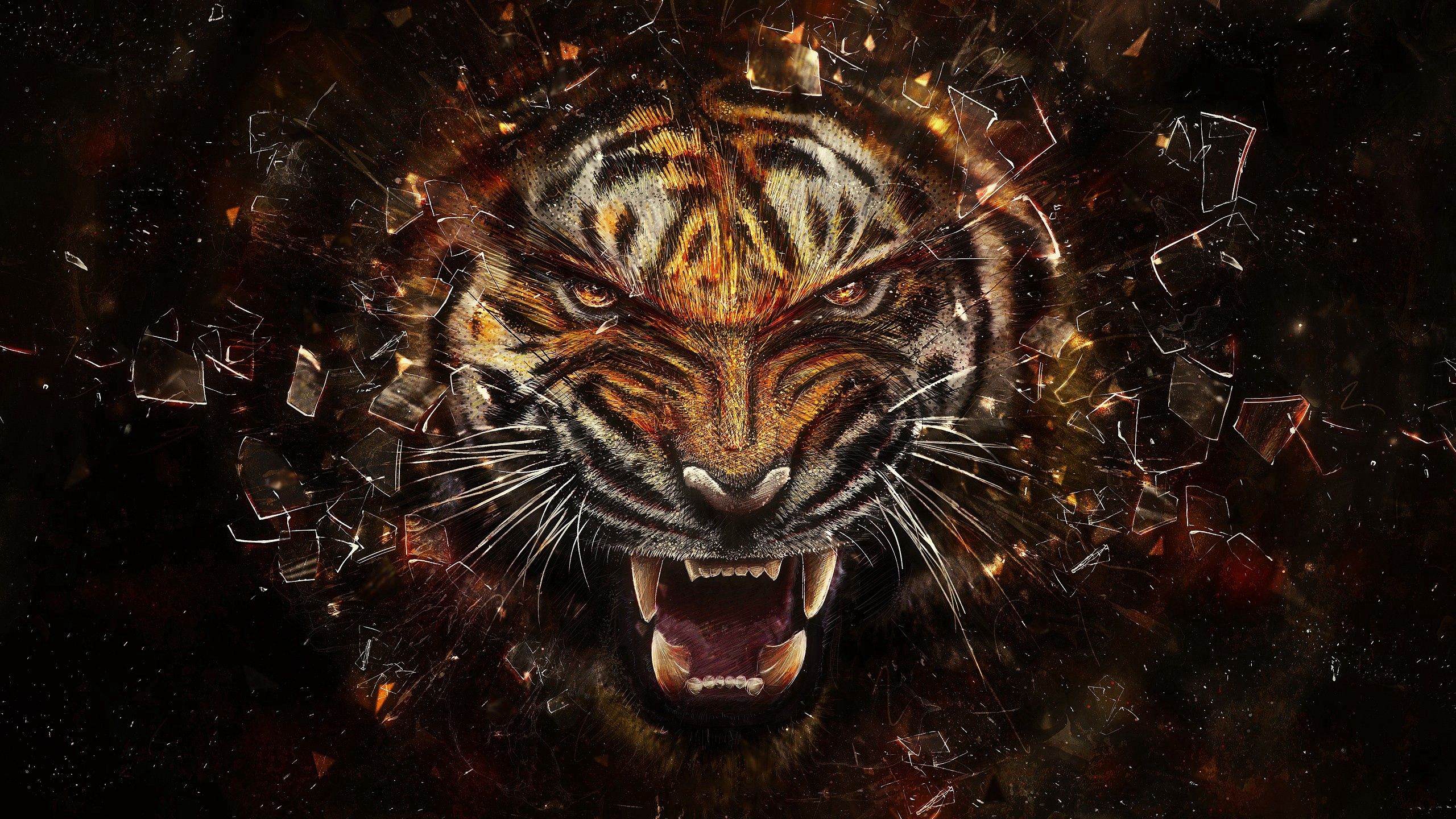 2560x1440 Обои тигр, стекло, осколки, агрессия, оскал.