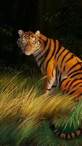 Превью обои тигр, трава, арт, хищник, полосатый