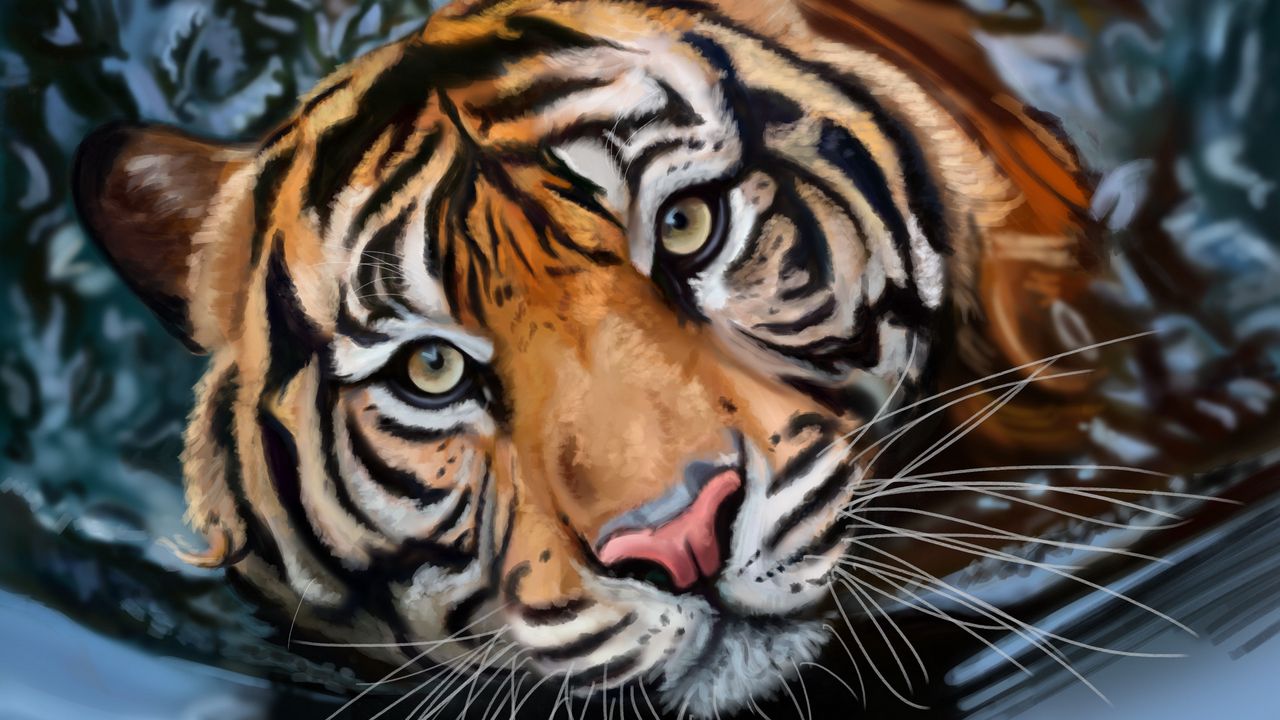 Обои тигр, вода, арт, большая кошка, хищник, полосатый