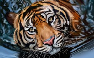Превью обои тигр, вода, арт, большая кошка, хищник, полосатый