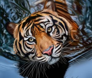 Превью обои тигр, вода, арт, большая кошка, хищник, полосатый