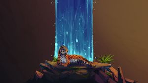Превью обои тигр, водопад, камни, вода, арт