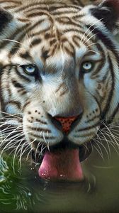 Превью обои тигр, высунутый язык, арт, вода