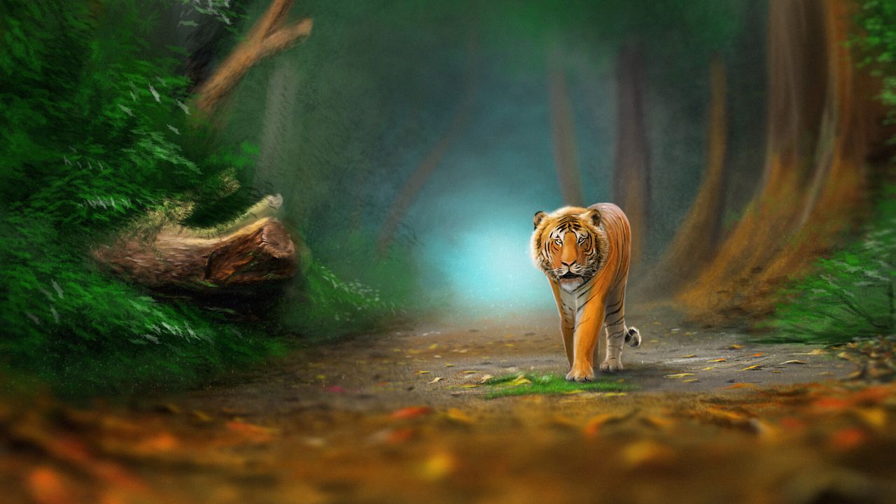 Обои тигр, животное, хищник, лес, дикая природа, арт