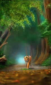 Превью обои тигр, животное, хищник, лес, дикая природа, арт