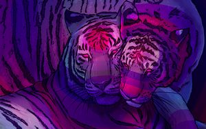 Превью обои тигры, пара, хищники, арт, фиолетовый