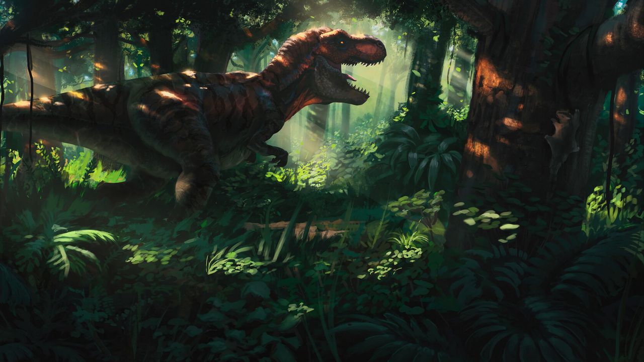 Обои тиранозавр, динозавр, джунгли, лес, арт