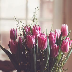 Превью обои тюльпаны, букет, розовый, листья, размытие