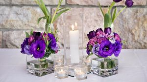 Превью обои тюльпаны, лизиантус рассела, цветы, свечи, стаканы