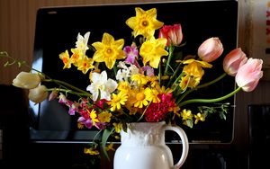 Превью обои тюльпаны, нарциссы, гиацинт, цветы, букет, кувшин, монитор
