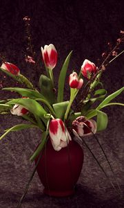 Превью обои тюльпаны, пестрые, цветы, ваза, букет, композиция
