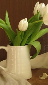 Превью обои тюльпаны, цветы, белоснежные, букет, кувшин, шарф, зелень