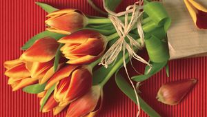 Превью обои тюльпаны, цветы, букет, лепестки, веревочка, бумага