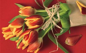 Превью обои тюльпаны, цветы, букет, лепестки, веревочка, бумага