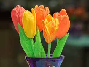 Превью обои тюльпаны, цветы, букет, ваза, разноцветный