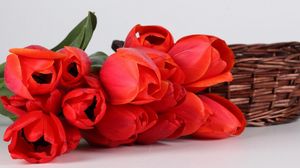 Превью обои тюльпаны, цветы, красные, букет, корзина, лежать