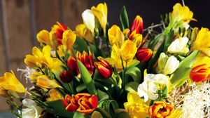 Превью обои тюльпаны, цветы, нарциссы, букет, весна, шикарно, корзина
