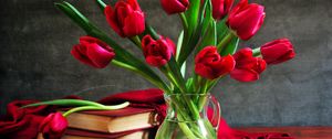 Превью обои тюльпаны, цветы, ваза, книги, лепесток, накидка, стол