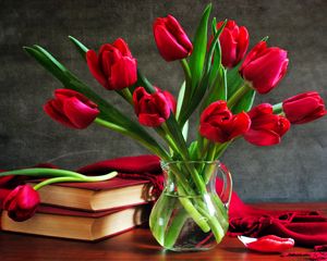 Превью обои тюльпаны, цветы, ваза, книги, лепесток, накидка, стол