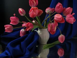 Превью обои тюльпаны, цветы, ваза, ткань, стол, отражение