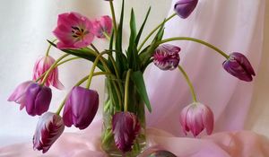 Превью обои тюльпаны, цветы, ваза, ткань, яйцо, праздник, пасха