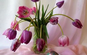 Превью обои тюльпаны, цветы, ваза, ткань, яйцо, праздник, пасха