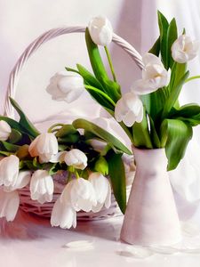 Превью обои тюльпаны, цветы, ваза, корзинка, лепестки, нежность