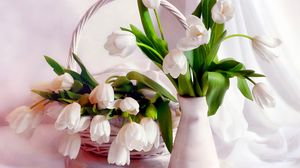 Превью обои тюльпаны, цветы, ваза, корзинка, лепестки, нежность